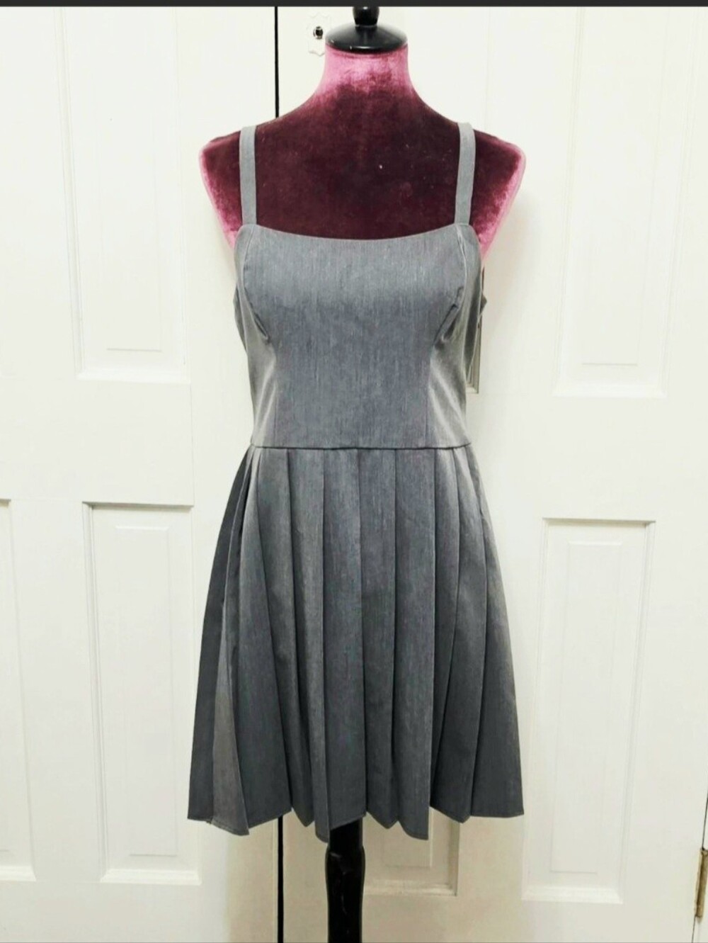 Chic Gray Pleated Mini Dress with Spaghetti Straps